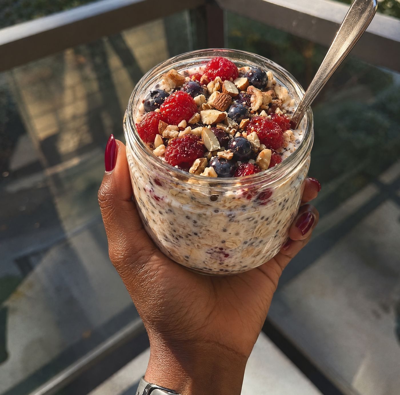 A jar of overnight oats with chia seeds, topped with raspberries, blueberries and chopped nuts