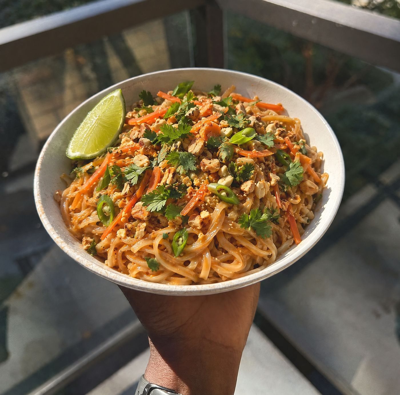 A bowl of peanut noodles topped with carrot, spring onion and peanuts