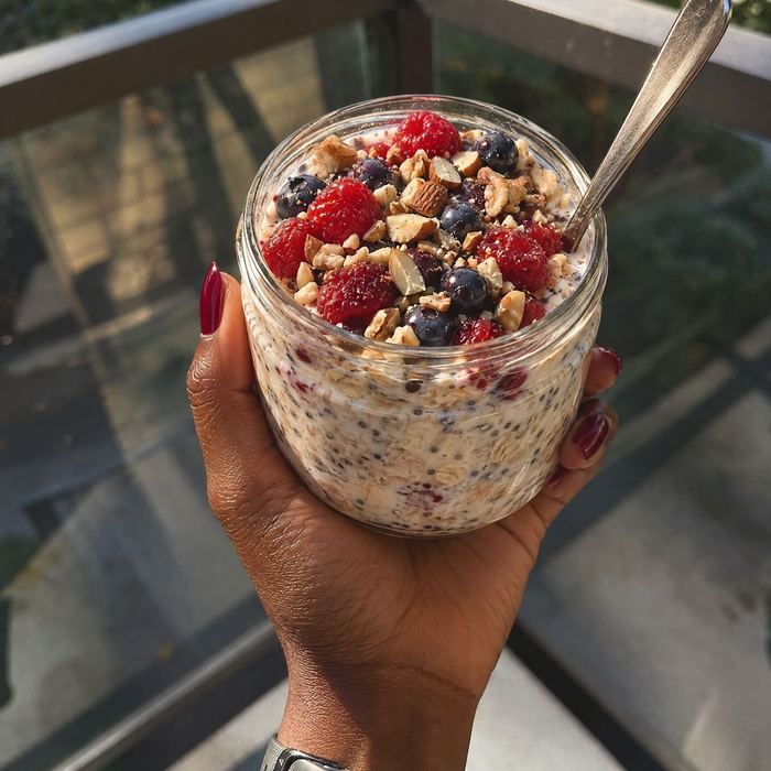 A jar of overnight oats topped with berries and chopped nuts