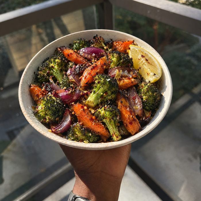 Roasted broccoli, carrots and red onion with chilli flakes and lemon
